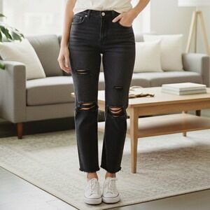 Abercrombie‎ & Fitch Straight Ultra High Rise Distressed Black Jeans - Size 28